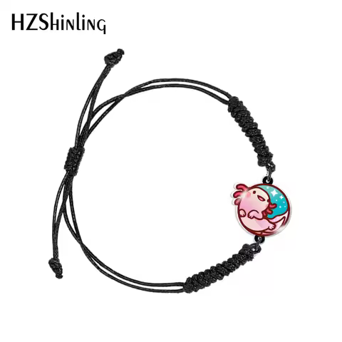 Kawaii Axolotl Salamander Black and Red Woven Adjustable Bracelet Rope Chain Acrylic Resin Epoxy Fas