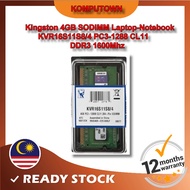 Kingston 4GB DDR3 1600MHz CL11 1Rx8 Non-ECC 204-Pin SoDIMM Laptop RAM (PC3-12800 KVR16S11S8/4)