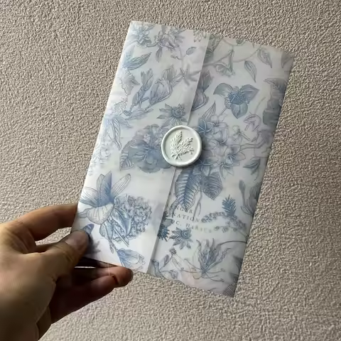 Blue green or pink flower Vellum Wrap suitable for a 5 x 7 Wedding Invitation