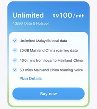CMLink MY Unlimited 4G/5G Data & Hotspot Plan RM100/month with 20GB roaming data 400 mins local to C