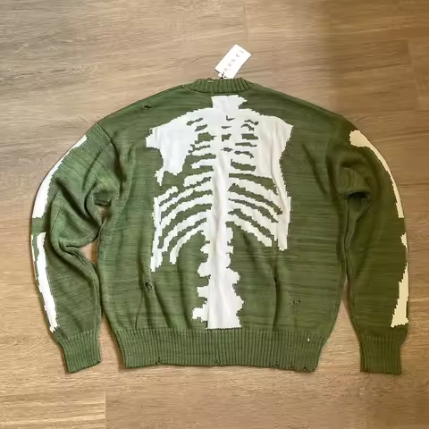 Japan KAPITAL behind the bones skeleton hole green retro knit sweater loose pullover long-sleeved sw