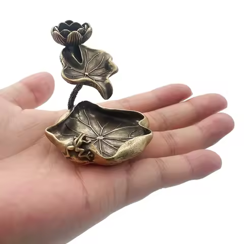 Antique Brass Lotus Leaf Backflow Incense Burner Decorations Solid Pure Copper Frog Lotus Pond Cense