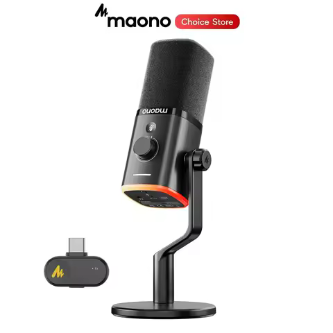 MAONO PD100W USB Wireless Dynamic Microphone Cardioid Mic 50m Range One-Touch Noise Reduction RGB fo