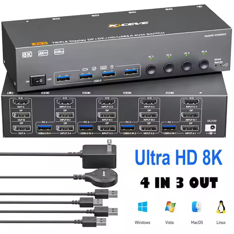 4 Port Triple Monitor KVM Switches, 8K@60Hz HDMI+2 Displayport KVM Switch for 3 Monitors 4 Computers