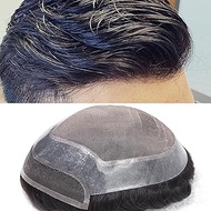 HAPPY&CC Men's Toupee French Lace Front Human Hair Pieces For Men Fine Mono Top With Pu Around Hair 