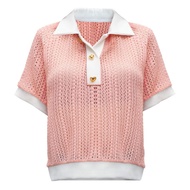 LUCA STUDIO_Haven top-Oversize Polo Shirt Pink Knitted Fabric Cut White Cotton Stretch Decorated Wit