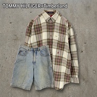 【出售套裝】 TOMMY HILFIGER & Timberland長袖紐扣襯衫，牛仔短褲/牛仔褲，格紋圖案，拉鍊門襟，靛藍色，米色顏色拼接，M碼（古著）