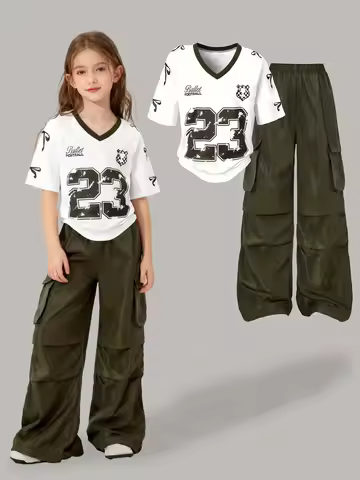 Kids Girls Hip Hop 2 Piece Outfits No.23 Printed Short Sleeve T‑Shirt Army Green Cargo Wide Leg Trou