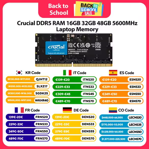 Crucial Laptop DDR5 RAM 16GB 32GB 48GB 5600MHz Notebook Memory 262-Pin SODIMM Compatible with Intel 