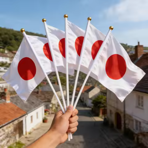 Mini Japan Hand Held Flags on Stick Japanese National Flag with Gold Top for Parade Party Event Deco