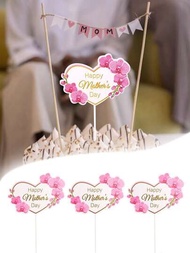 10入組粉紅色心形蛋糕裝飾,有母親節、花朵和愛的設計,適用於杯子蛋糕和烘焙裝飾