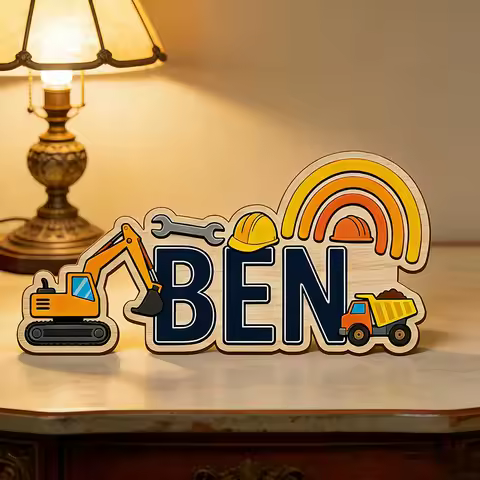 Builder Themed Personalized Name Sign, Neutral 3D Wooden Nursery Decor with Excavator, Dump Truck & 