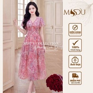MDU6035 Flared Design Dress MDU6035 High Quality Korean Silk Pink Pattern V Neck Sweet Layered Fairy