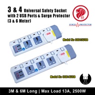 3 & 4 Way Universal Extension Travel Socket with 2 USB Ports (2.1A) and Surge Protector