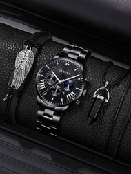 3入組時尚男士商務黑色手鍊，帶六角柱項鍊日曆不鏽鋼石英手錶