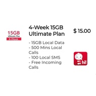 Singtel Prepaid $15 Ultimate Plan / 15 GB  Local Data / 500 mins Local Calls / 100 Local SMS / 4 Week /  Top Up / Renew