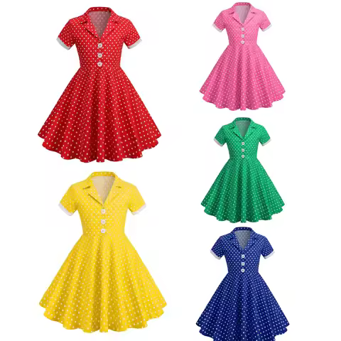 Kids Girls Vintage Dress Polka Dots Daily Birthday Party 1950s 40s Swing Dress Summer Short Sleeves 
