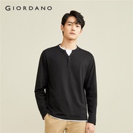 GIORDANO Men T-Shirts 100% Cotton Solid Color Simple Basic Tee Henley-Neck Long Sleeve Gentle Fashio