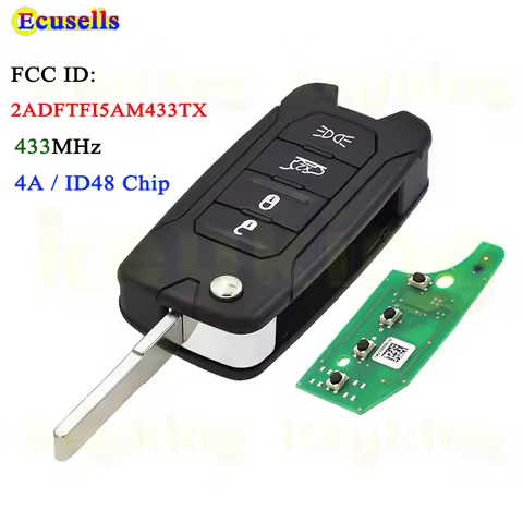 Ecusells 4 Buttons Flip Remote Key Fob 433MHz 4A / Megamos ID48 Chip for Jeep Renegade 2016 2018 FCC