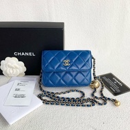Chanel mini金球woc鏈條包 藍色 金扣 羊皮 12*9*3 95新 配件盒 購證 保卡