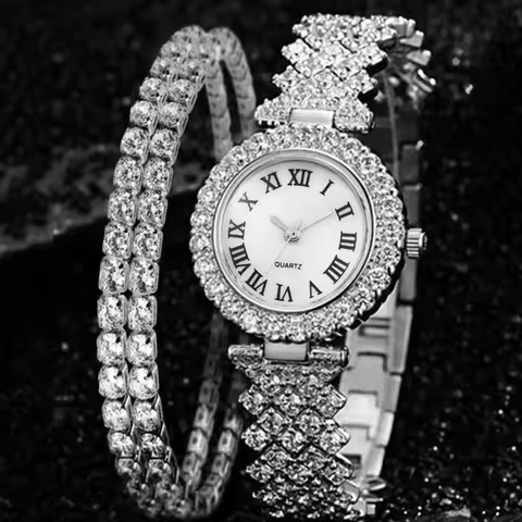 3pcs/set Watches Jewelry Set Round Pointer Quartz Watch & 2pcs Bracelet Fancy Women Watches Jewelry
