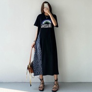 【Plus Size】(40-150kg) Fashion Leopard Print Short Sleeves Oversize Midi Dress Splicing T-shirt Dress