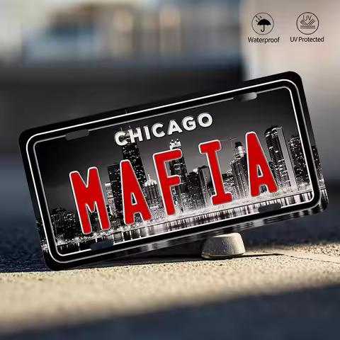 HD Aluminum Metal Sign, Chicago Mafia Vintage License Plate Style Wall Decor, Retro City Skyline Wat