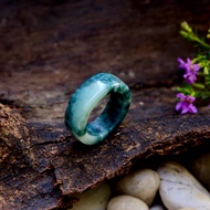 Green Jade Ring With White Tube Shape Size: 56mm.