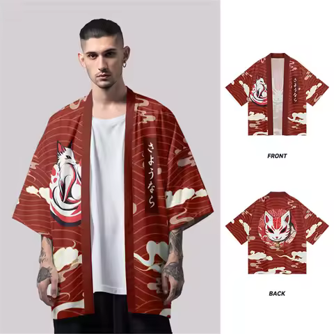 Fashion Streetwear Fox Print Red Kimono Cardigan Robe China Haori Obi Traditional Japanese Clothes f