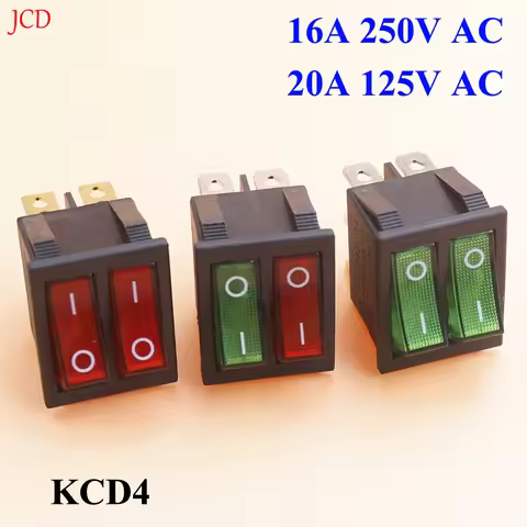 2PCS KCD4 16A 250v 20A 125V AC double pole double gang rocker switch 2 way red copper pin 250v lamp 