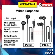 Awei PC-1 Wired Earphone Mini Stereo Sound Awei PC-1T Wired Headphone In-Ear Earphone 1.2M Length Aw