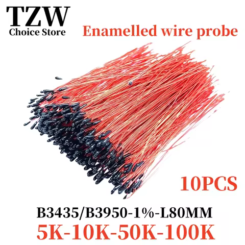 TZW 10PCS NTC enamelled wire thermistor 5K 10K 50K 100K B3435 B3950 1% temperature sensor L80mm MF52