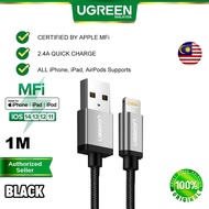 UGREEN MFi USB A To Lightning Cable 2.4A Fast Charging QC Quick Charge Wire Sync Data Transfer Nylon Braid Apple iOS iPhone 12 Mini Pro Max 11 Pro Max X XS XR 8 Plus 7 Plus 6s Plus SE iPad AirPods Pro 1 1.5 2 Meter