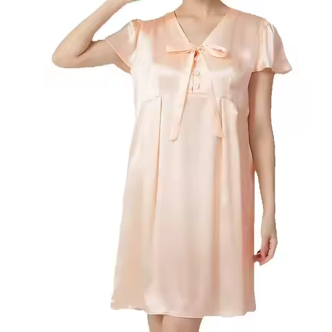 FIMTAIRAH Pure color 100% mulberry silk short sleeve loose nightdress women's summer thin silk V-nec