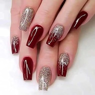 RikView Red Press on Nails Medium Fake Nails Glitter Nails Square Acrylic Nails Glossy Full Cover Na