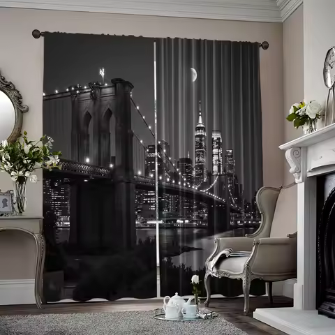 2pcs, 2D flat Party Curtain Designer New York City Night View City Life Brooklyn Manhattan Machine W