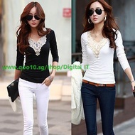 Korean Fashion Women Slim T-Shirt Lace Applique Long Sleeve Tops Basic Shirt
