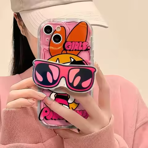 The P-Powerpuff Girls Glasses Bracket Wave Case for iPhone 16 E 15 14 13 12 Mini 11 Pro Max XS X 8 7