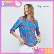 เสื้อผู้หญิง Guy Laroche The Flamingo Blouse เสื้อเบลาส์ โทนสีฟ้า ชมพู สวมง่าย เนื้อผ้าชีฟอง ดีเทลกระดุมคอด้านหลัง (GZ17DB)