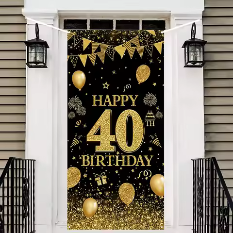40th Happy Birthday Door Cover Black Gold Polyester Door Banner Men Women Adult Birthday Party Deco 