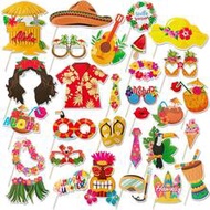 30pcs Hawaiian Theme Party Photo Booth Props, ALOHA Beach Party Handheld Photo Props, Summer Yacht P
