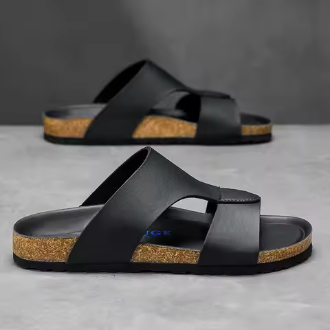 Unisex Cork Slippers Summer Slides Microfiber Leather Sandals Big Size 48 49