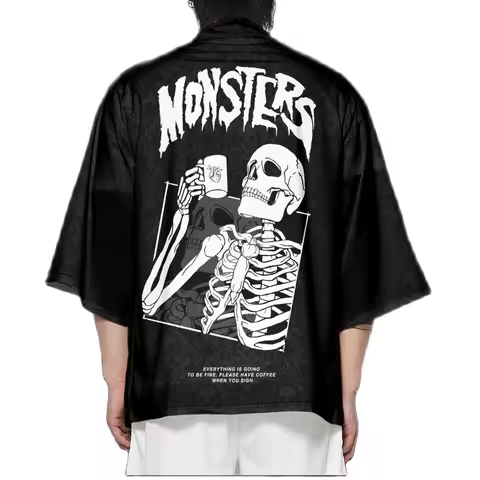 Summer Loose Japanese Black Skeleton Print Kimono Streetwear Cardigan Robe Fashion Women Men Haori T
