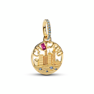 Pandora Chicago 14k gold-plated dangle with icy blue night blue and fuchsia rose crystal"