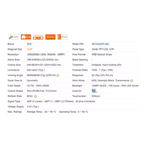 New A+ Laptop LCD/LED Screen/Display For Lenovo Thinkbook 16 G4+IAP ARA G5+ARP Xiaoxin Pro16 IAH7 NE