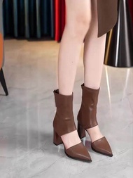 Giày Bốt Cao Gót Da Thật Ngắn Kiểu Pháp Mùa Thu Mới Đế Dày Khoét Lỗ Co Giãn Khóa Kéo Sau Thời Trang 