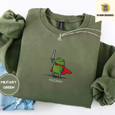 Huzzah Frog Funny Embroidered Unisex Spring Long Sleeve Sweatshirts Retro Style Loose Casual Thick P