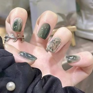 (With Box) Green Smudged Leaves Fake Nails Short Square False Nails 24 Pcs/box R956