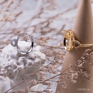 Sterling Silver Oval S925 Cool Style Egg-Plated Ring Round Ring Surface Open Jade Inlaid Female Empt