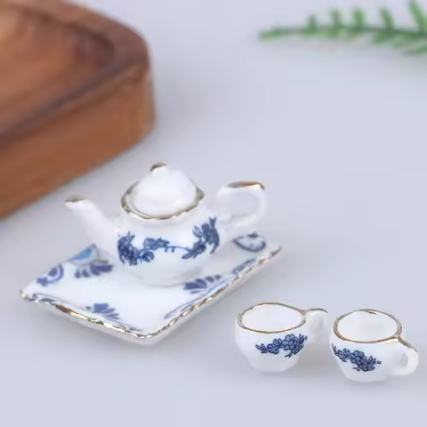 ** 1:12 Scale Dollhouse Miniature Mini Porcelain Blue Print Milk Pots Teapot Water Cups Set Dolls Ro